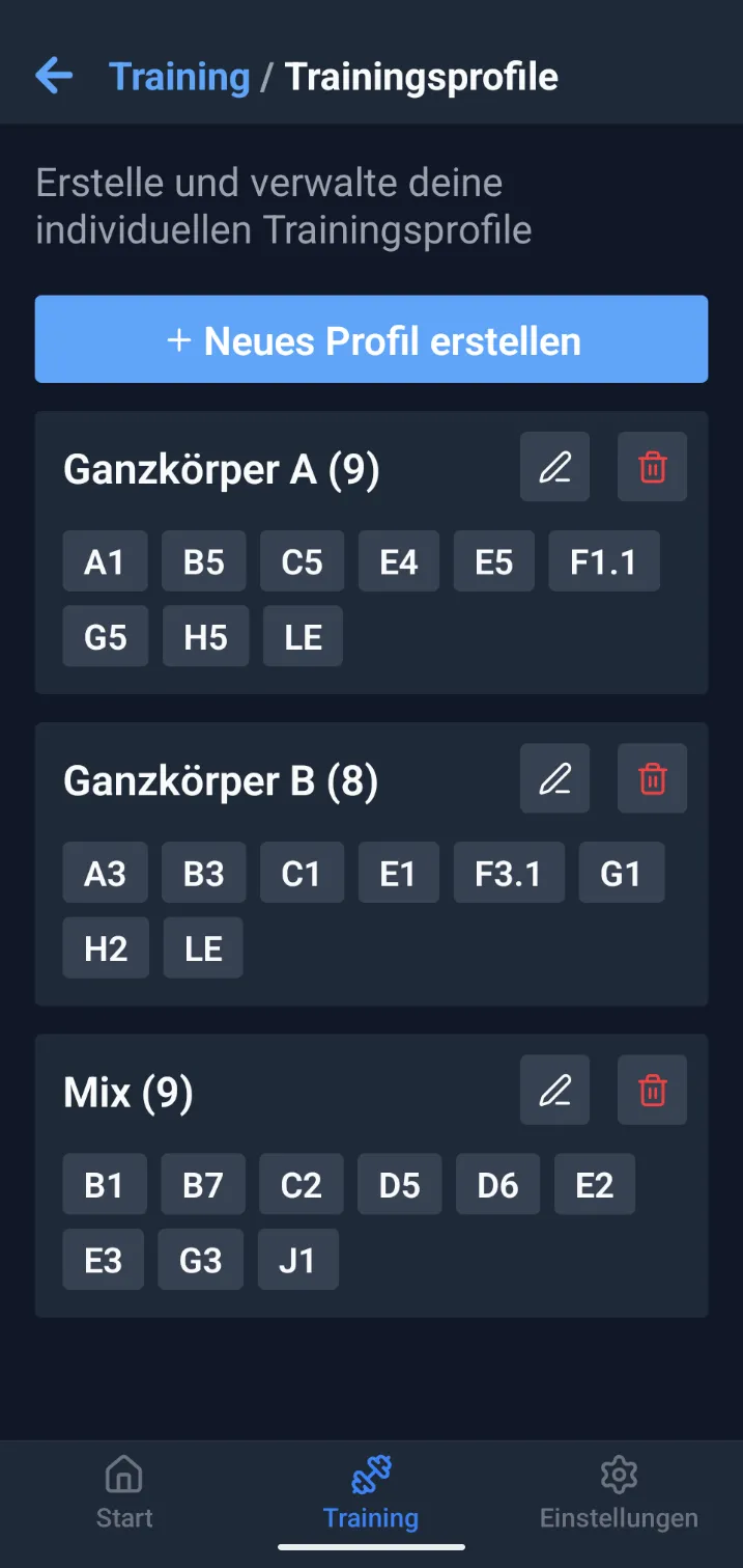 Kizor App - Trainingsprofile und Einstellungen